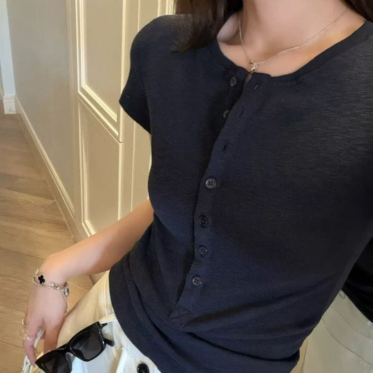 Damen Kurzarm T-Shirt mit Knopfleiste Slim Fit