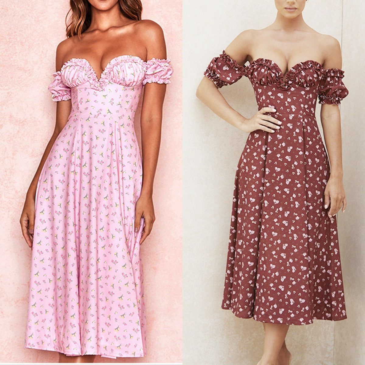 R&B | Geschlitztes Blumenkleid schulterfreies Röhrentop-Kleid