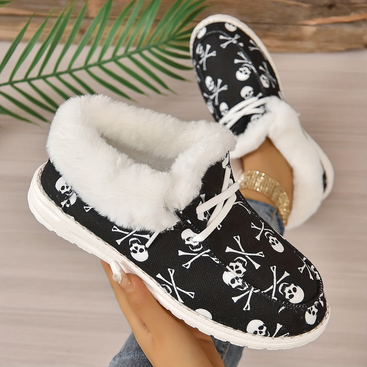 Schnürschuhe Mit Totenkopfdruck Und Plüschfutter Mia R&B