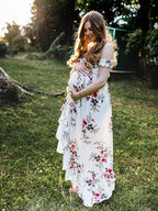 EB Schwangerschafts-Chaps, Midi-Kleider für Fotoshootings, Blumendruck, Bandeau-Kleid mit seitlichem Schlitz, Weiß