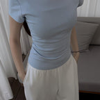Damen Kurzarm Rundhals T-Shirt Einfarbig Slim Fit Blau