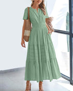 R&B | Kleid mit V-Ausschnitt und plissierten Blasenärmeln
