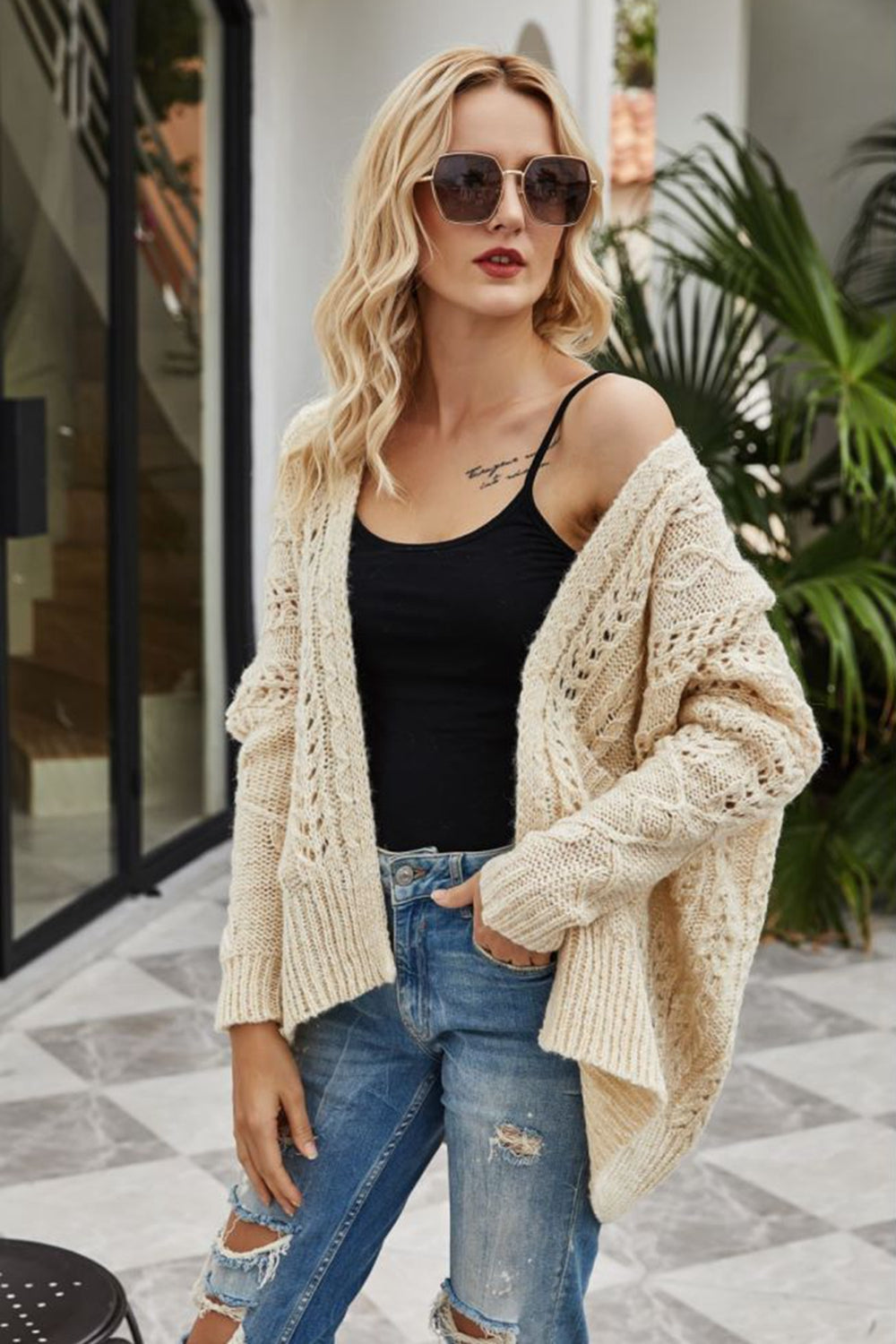 R&B | Gerippter Besatz Offenes Strickjacke
