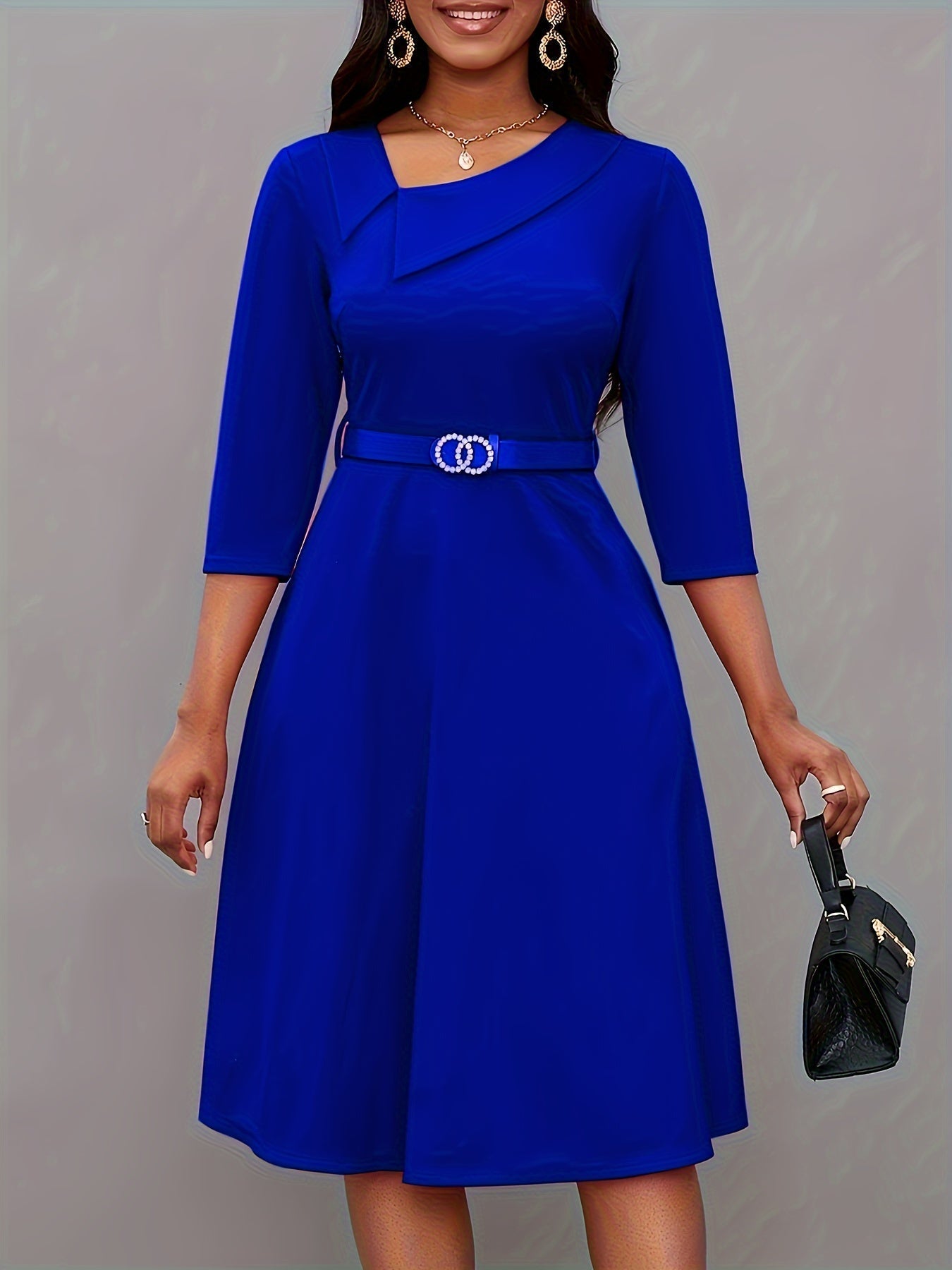 R&B | Einfarbige Asymmetrische Halsgürtel 3/4 Ärmel Festliches Kleid Für Frauen | Ideal Für Alle Jahreszeiten