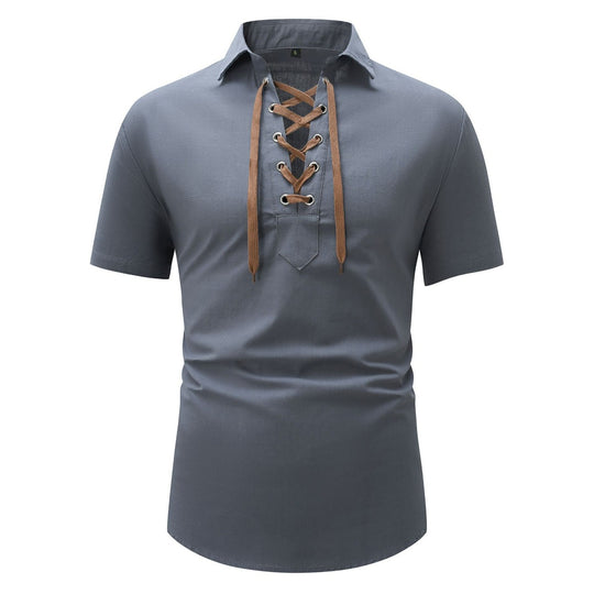 R&B | Leinen Revers Tether V-Ausschnitt Kurzarm-Shirt