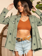 R&B | Kragenhals Sternmuster Langarm Denimjacke
