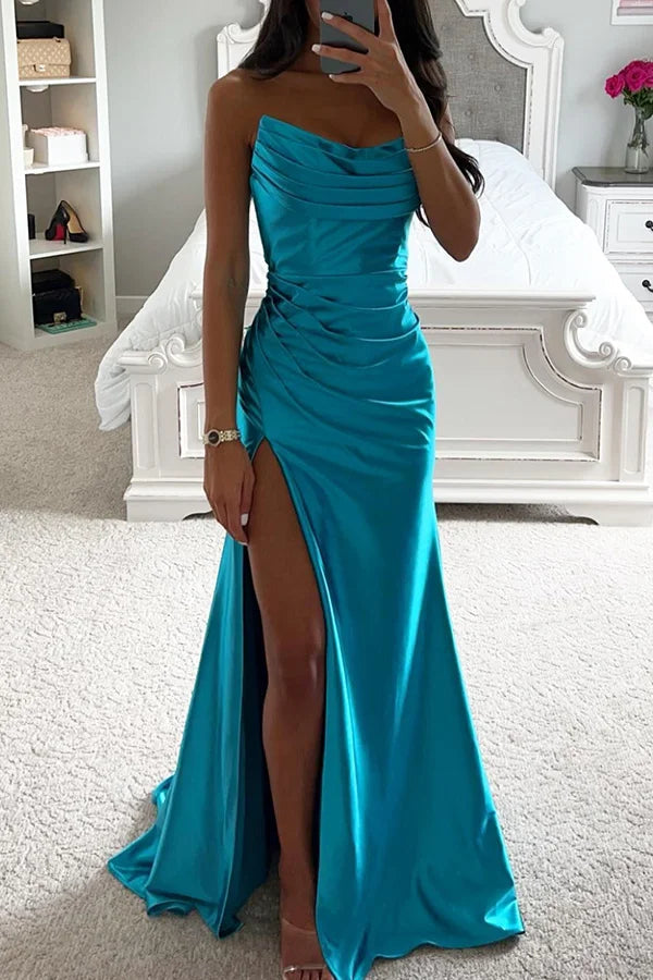 R&B | Glänzendes Satin Off-Shoulder Falten Spalte Abend Maxi Kleid