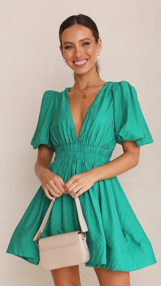 R&B | Minikleid mit V-Ausschnitt und Puffärmeln für Damen