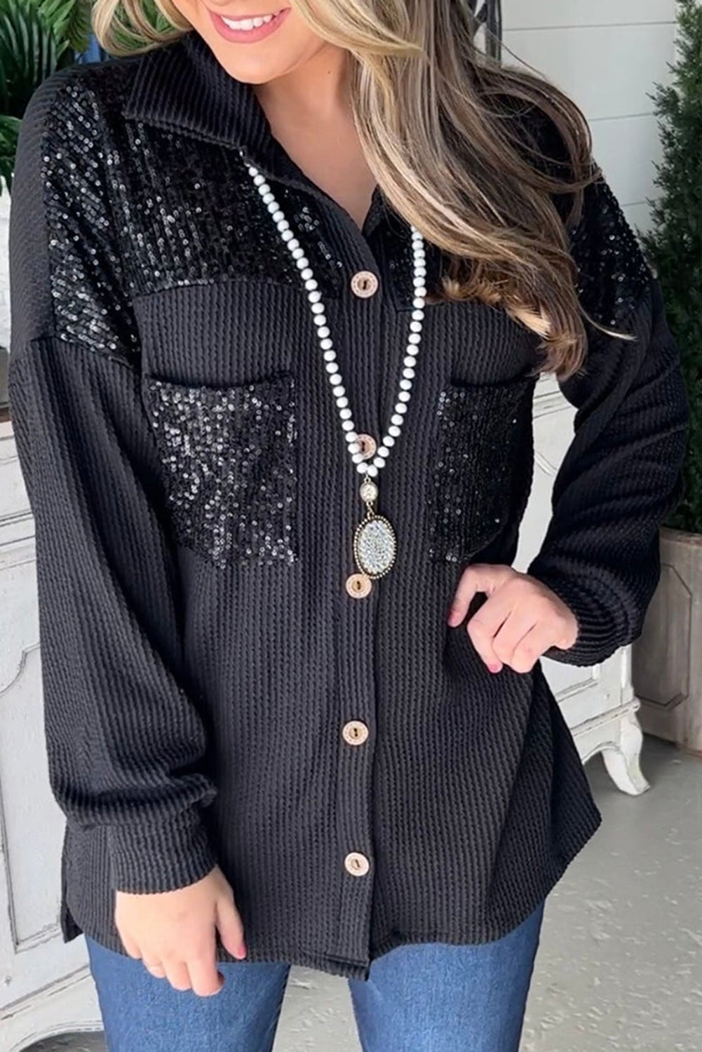 R&B | Gerippte Blusenjacke mit Pailletten-details Polyester-mischung Festlich und Trendy