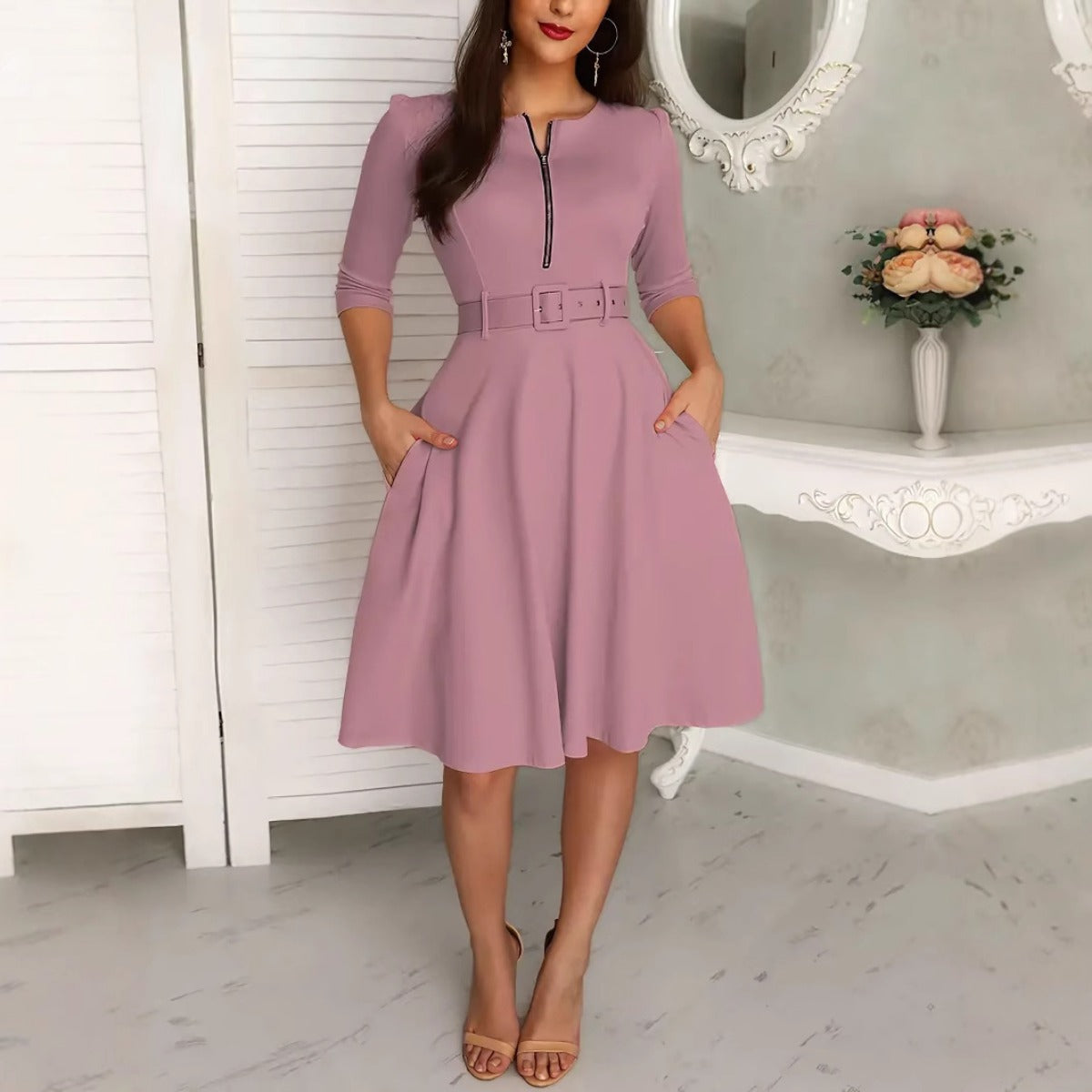 R&B | Kleid mit Gürtel und Reißverschluss