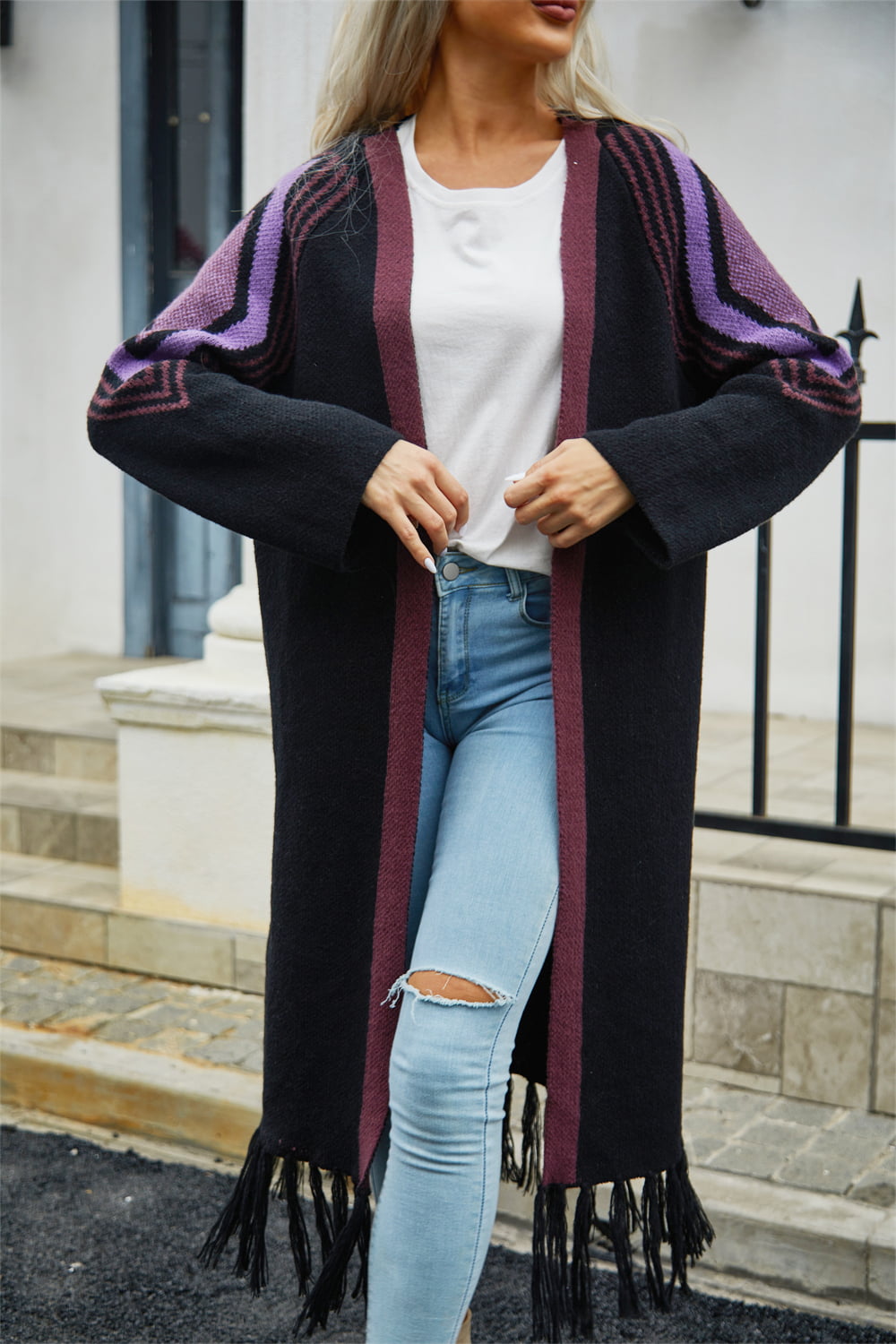 R&B | Geometric Fringe Hem Offene Front Duster Cardigan