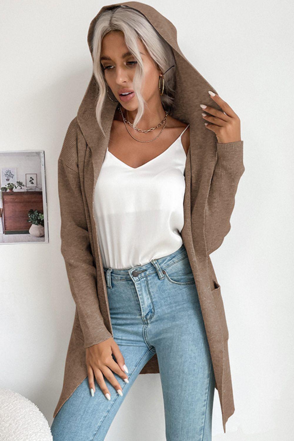 R&B | geripptes offen-front Cardigan mit Kapuze und Taschen