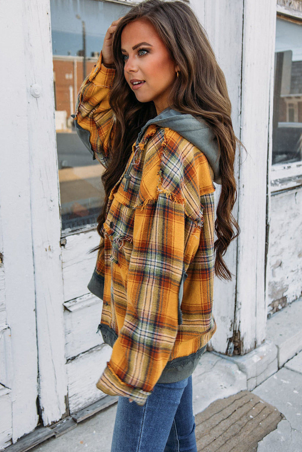 R&B | Karierte Jacke mit Kapuze und Rohen Kanten Baumwolle Lässig und Trendy