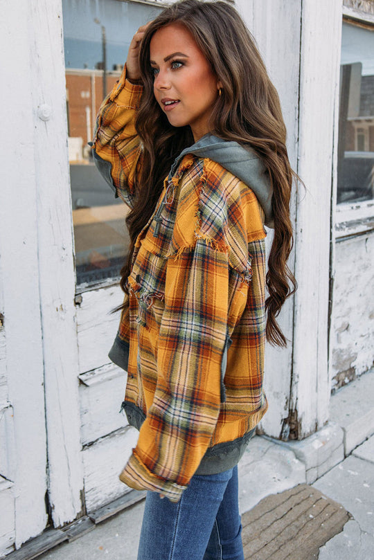 R&B | Karierte Jacke mit Kapuze und Rohen Kanten Baumwolle Lässig und Trendy