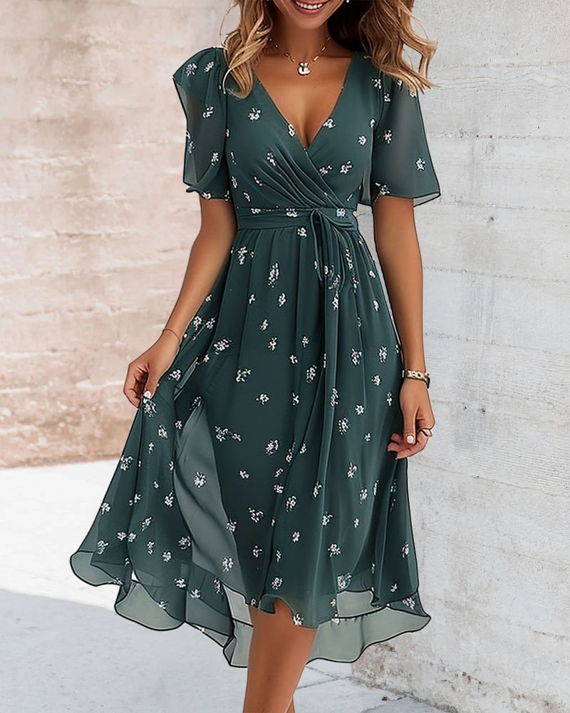 R&B | Elegantes Bedrucktes Kleid mit V-Ausschnitt und Krawatte