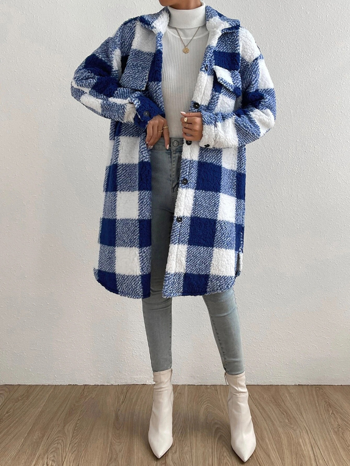 R&B | kariert Jacke mit plüschigem Kragen und Knöpfen