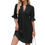 R&B | Jacquard five-quarter-sleeved Kleid mit V-Ausschnitt