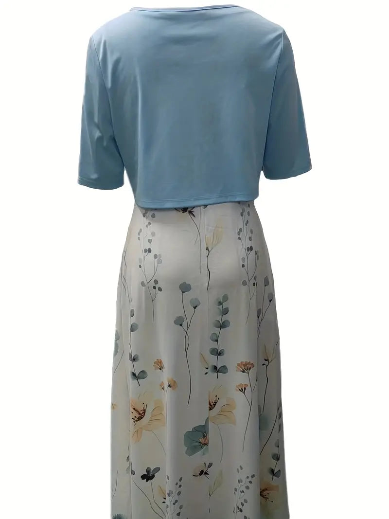 R&B | Elegante Zweiteilige Blumenkleid-Set mit Einfarbigem Crop-Top und Rundhalskleid