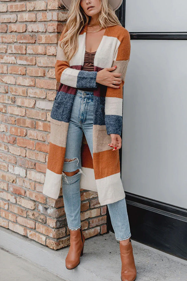 R&B | Gestrickte Strickjacke mit offener Vorderseite und Farbblock