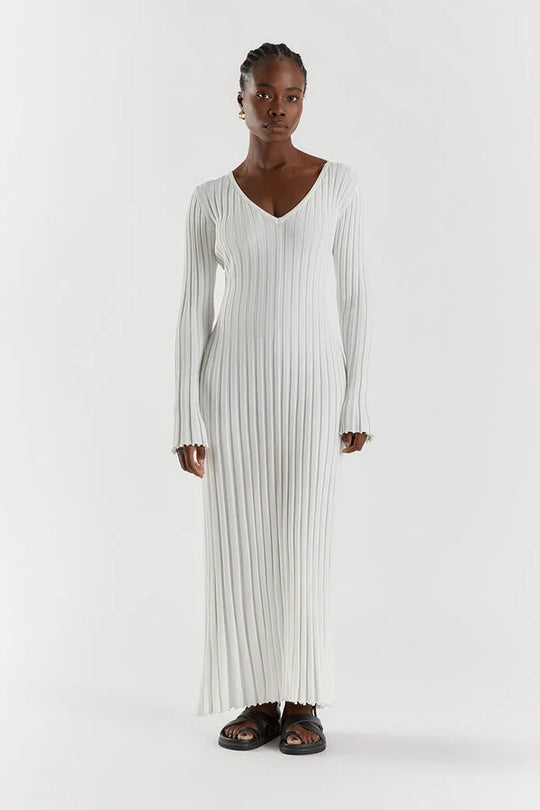 R&B | Bequemes Gestricktes Damen Midi Kleid mit V-Ausschnitt