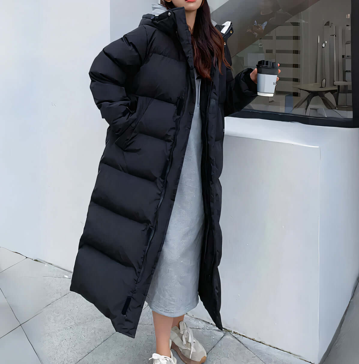 R&B | Damen Lang Pufferjacke mit Kapuze
