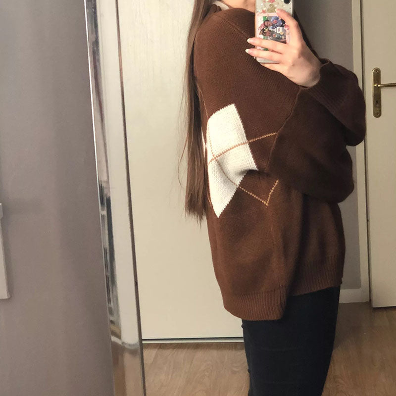 R&B | Oversized Argyle Sweater Weich und Warm Lässig Chic