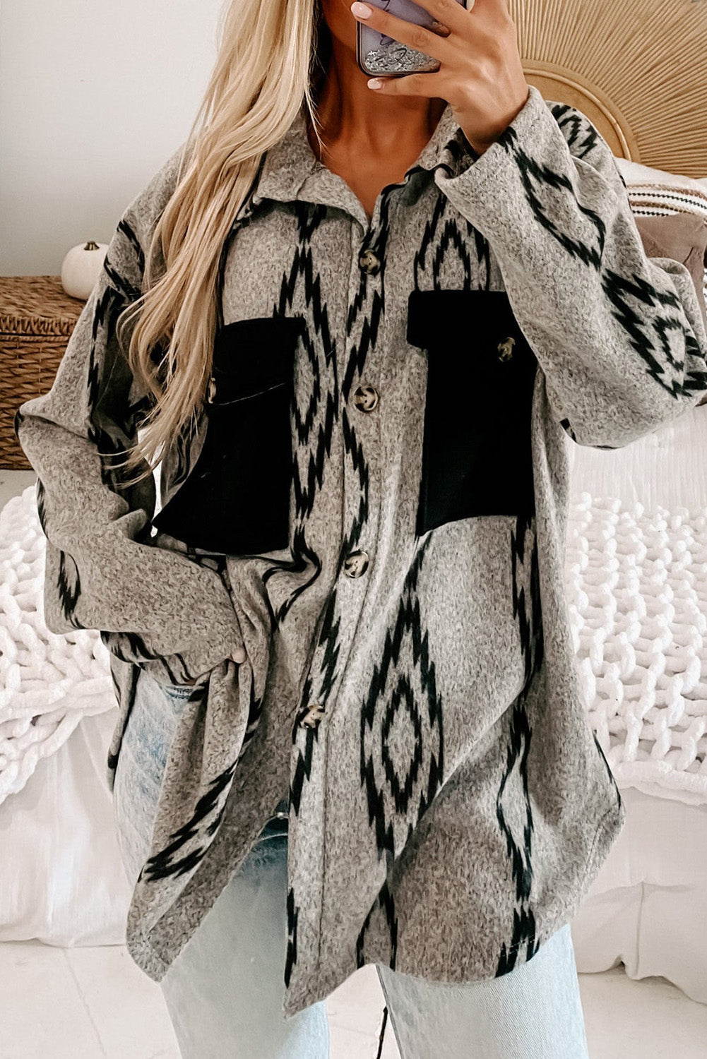 R&B | Hemdjacke mit Aztekischem Druck Weiche Wollmischung Boho-chic Stil