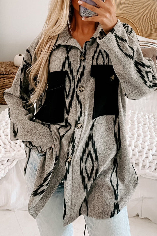 R&B | Hemdjacke mit Aztekischem Druck Weiche Wollmischung Boho-chic Stil