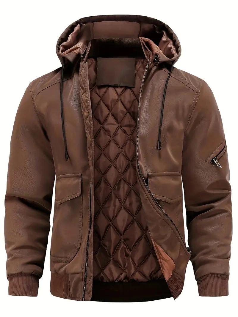 R&B –  Winddichte PU Winterjacke für Herren mit Kapuze
