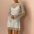 Perlen See-through Mesh Zweiteiliges Set Sling Kleid