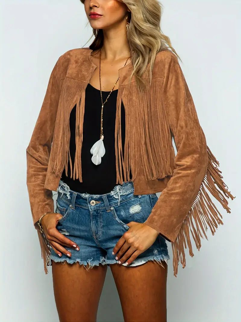 R&B | Offene Jacke mit Fransen Saum Im Wildleder Look