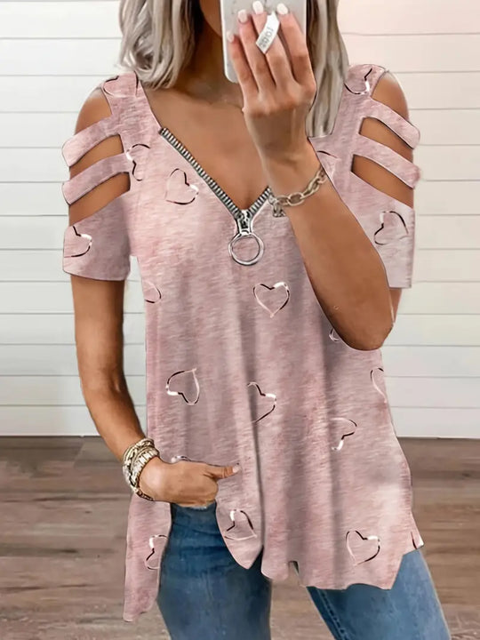 R&B | Kurzarm-T-Shirt mit Herz-Druck und V-Ausschnitt