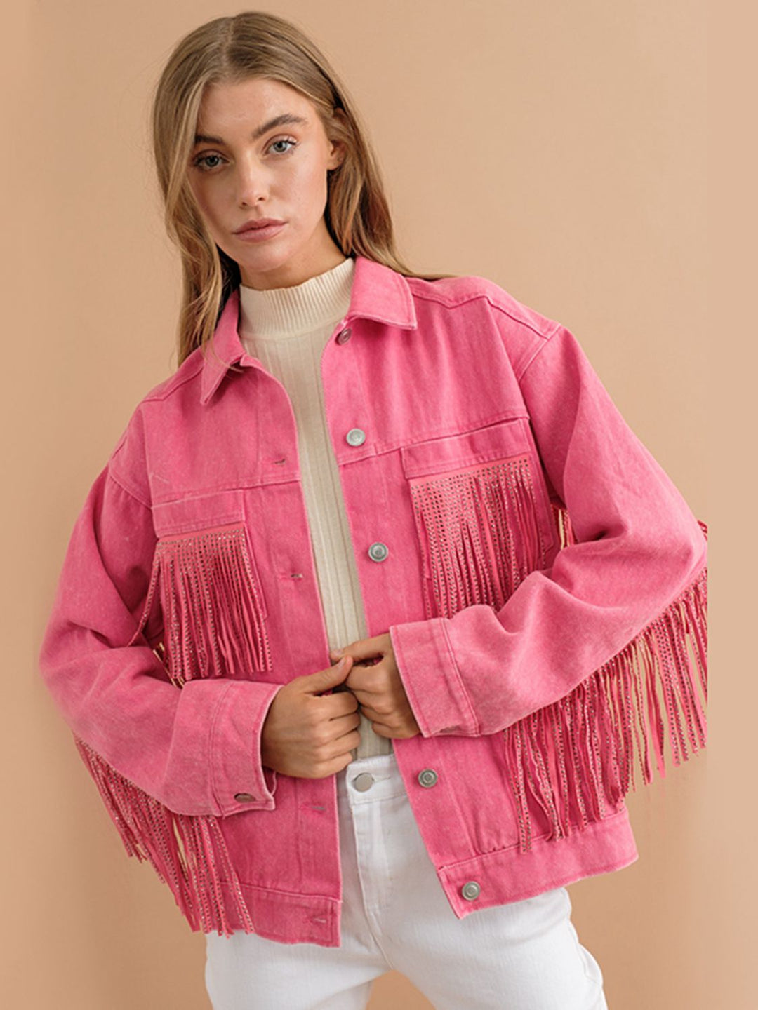 R&B | Fransen-Detail Gefallene Schulter Denimjacke