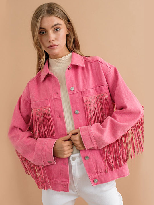 R&B | Fransen-Detail Gefallene Schulter Denimjacke