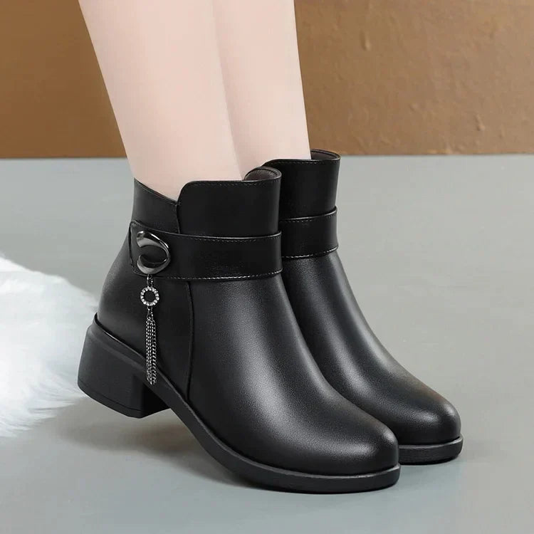 R&B | Damen Echtes Leder Metall Schnalle Samt Stiefel