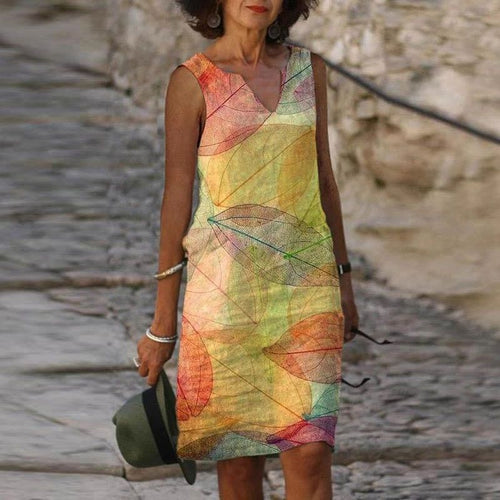 R&B | Damen Helles Blätter Kleid Ärmellos