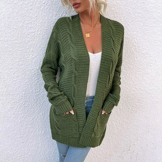 R&B | Cardigan - Strick Kabelstrick - Offene Front - Lange Ärmel mit Taschen