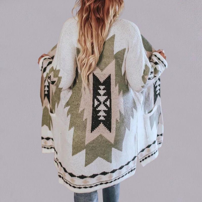 R&B | Langer Strickcardigan - Lockere Passform - Geometrisches Muster - Bequemes Schichten
