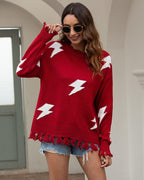 R&B | Strickpullover Lockere Passform Blitzmuster & Fransen Saum