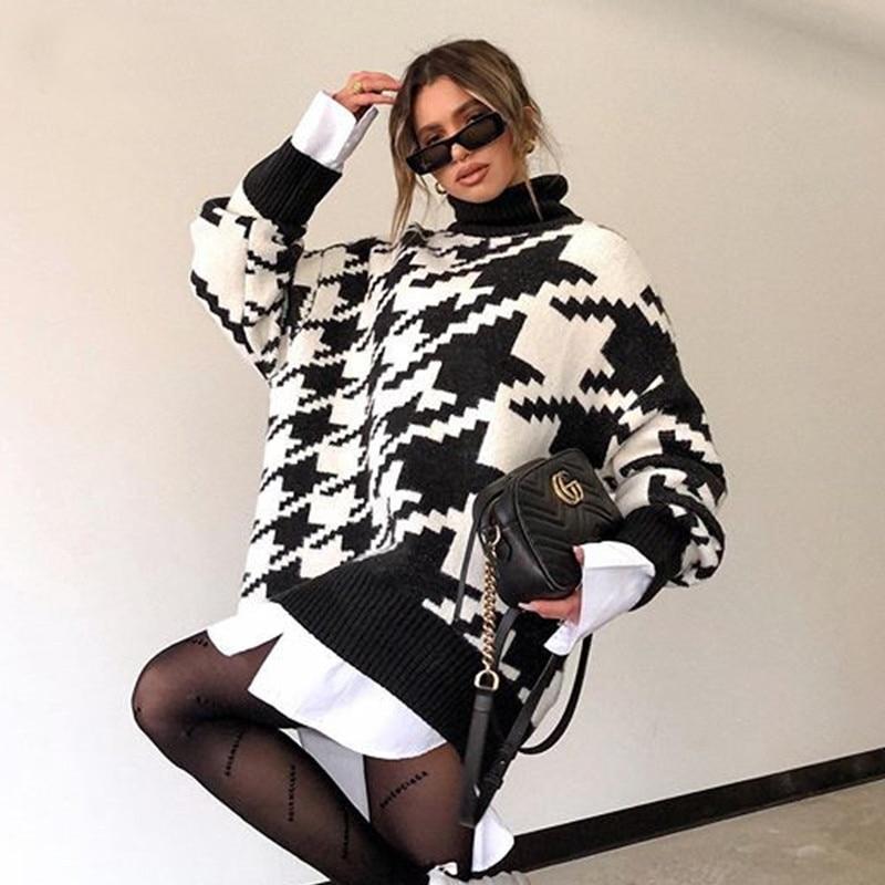 R&B | Strickpullover Übergrößenfit Zickzackmuster Rundhalsausschnitt Ribbelkanten