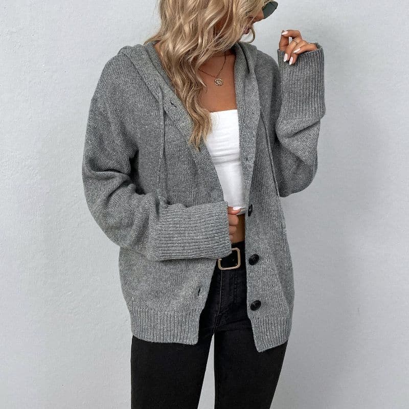 R&B | Strickcardigan -Weich und Warm mit Kapuze und Knopfverschluss Lockere Passform