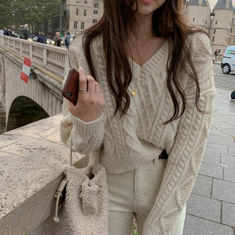 R&B | Strickpullover Kabelstrick V-Ausschnitt Lässige Passform Lange Ärmel