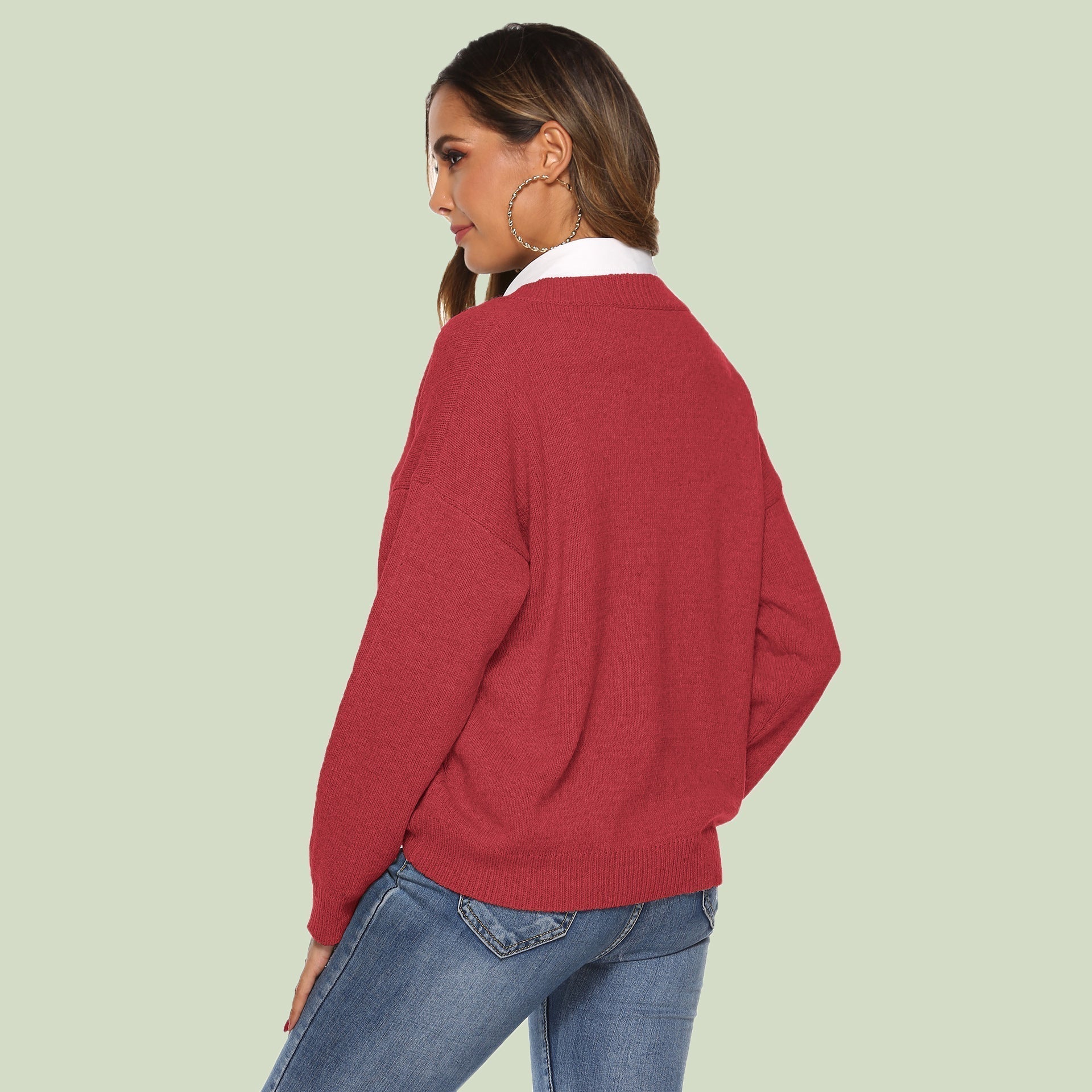 R&B | Strickpullover V-Ausschnitt Lockere Passform Lange Ärmel Weich und Bequem