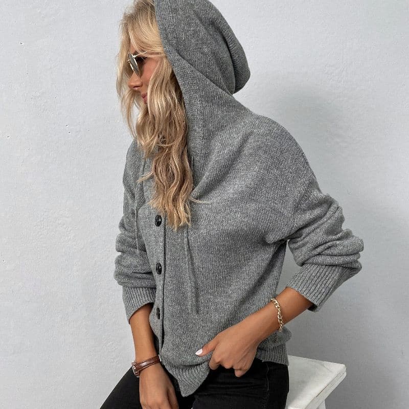 R&B | Strickcardigan -Weich und Warm mit Kapuze und Knopfverschluss Lockere Passform