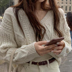 R&B | Strickpullover Kabelstrick V-Ausschnitt Lässige Passform Lange Ärmel