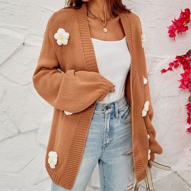 R&B | Blumengemusterter Strickcardigan Polyester Braun, Blumendetails, Komfortabel