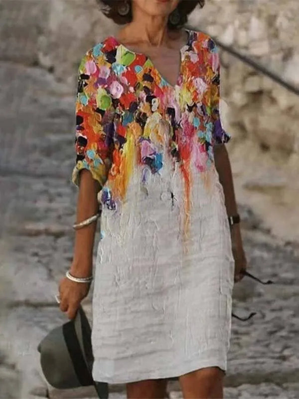 R&B | Damenkleid aus Baumwolle,mit Ausschnitt und Druck Ölgemälde