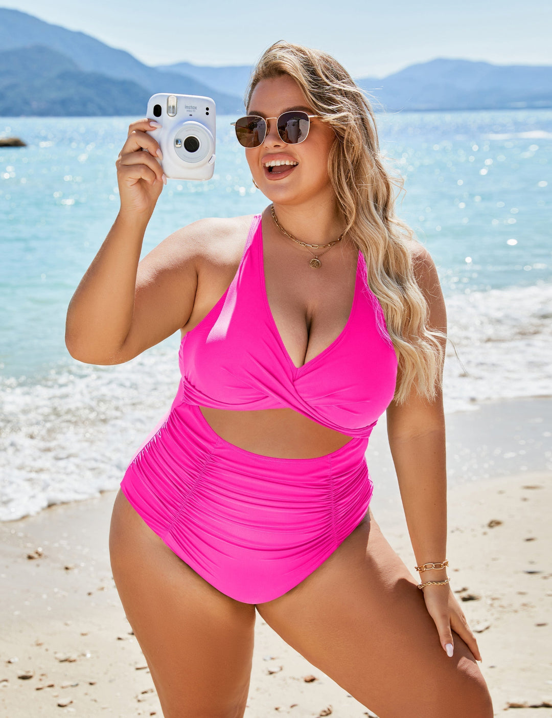 R&B | Damen Einteiler Badeanzüge Push Up Bauchkontrolle Badeanzüge V-Ausschnitt Cutout Anständige Bademode