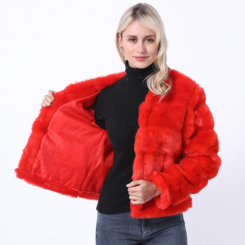 Damen Flauschige Kunstpelzjacke mit quer gestepptem Design R&B