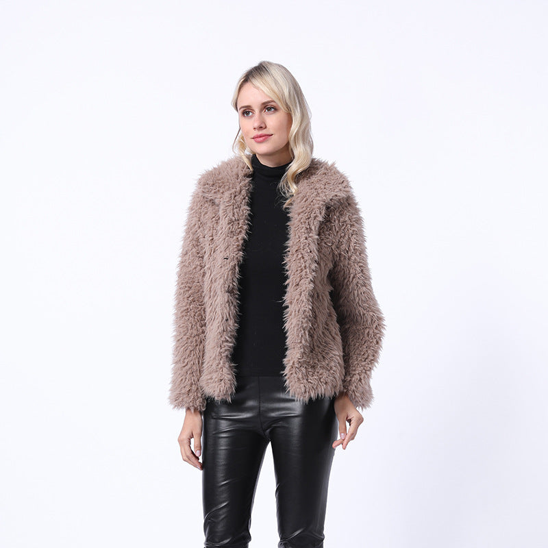 Damen Modischer Kunstpelzjacke mit elegantem Kragen und seitlichen Taschen R&B